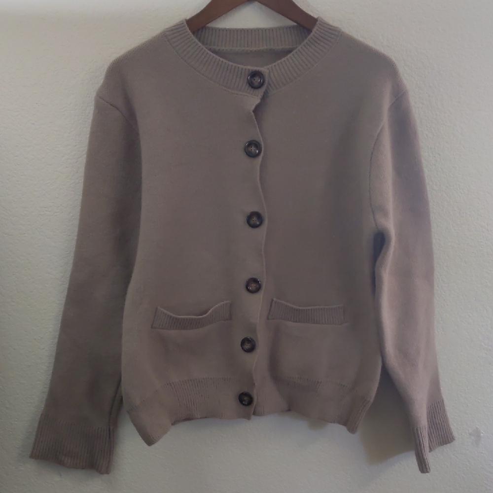 Cream Taupe Women's Cardigan Lagenlook Minimalist Grandpa L